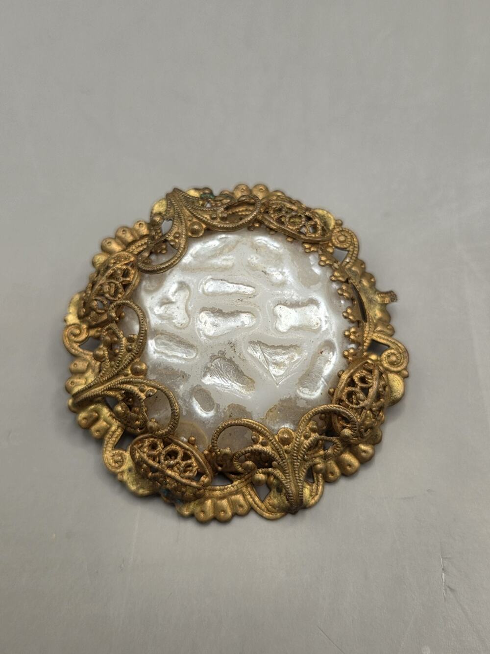 Vintage Signed Made In West Germany Gold Filigree Faux Blister Pearl Brooch Pin
